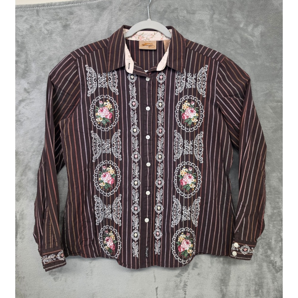 Wrangler Womens Brown Striped Floral Embroidered Button Down Shirt Large Cowgirl